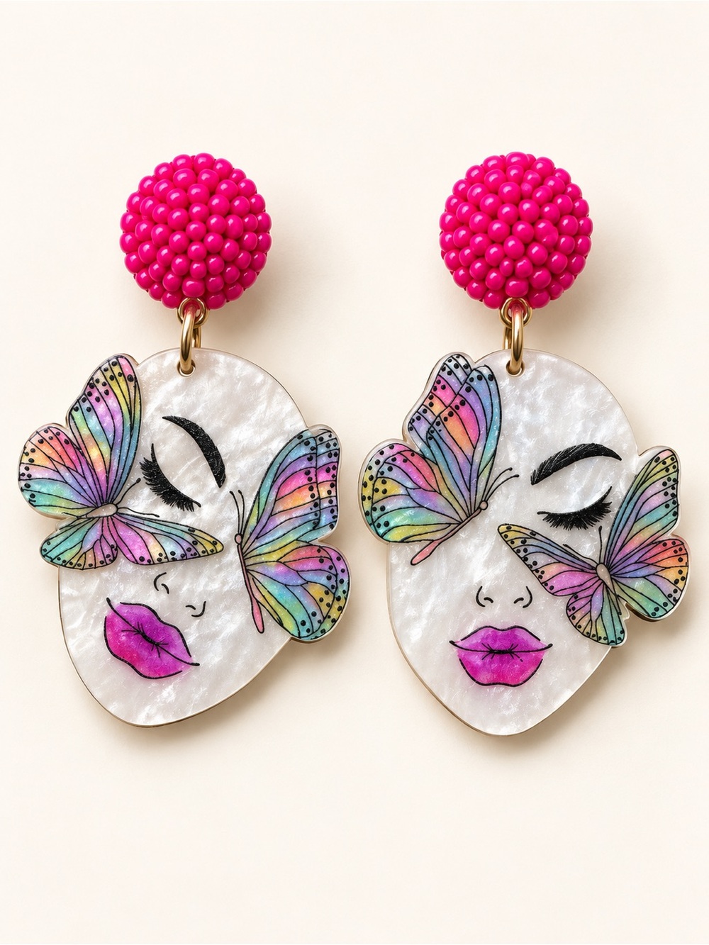 Hot Pink Butterfly Face Drop Earrings — Statement Women's Jewelry